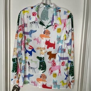 Colorful Dog Print Button-Up Top Blouse Long Sleeve Size M